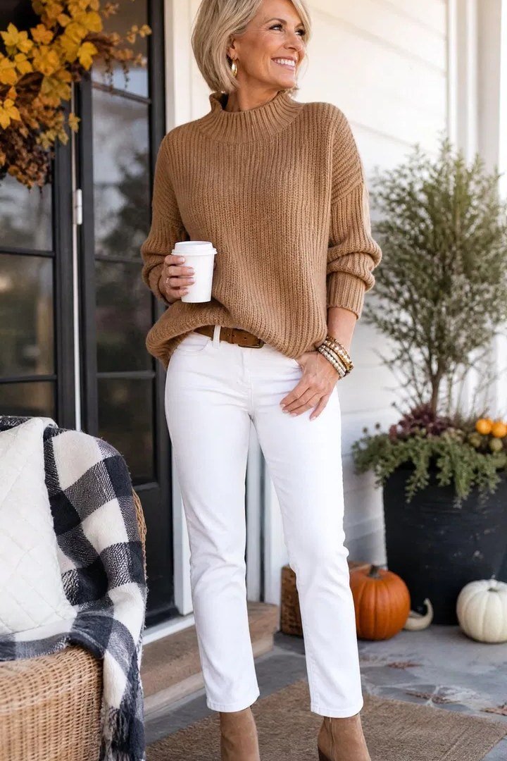 Camel sweater, white jeans, fall porch, coffee cup, casual outfit for women over 50