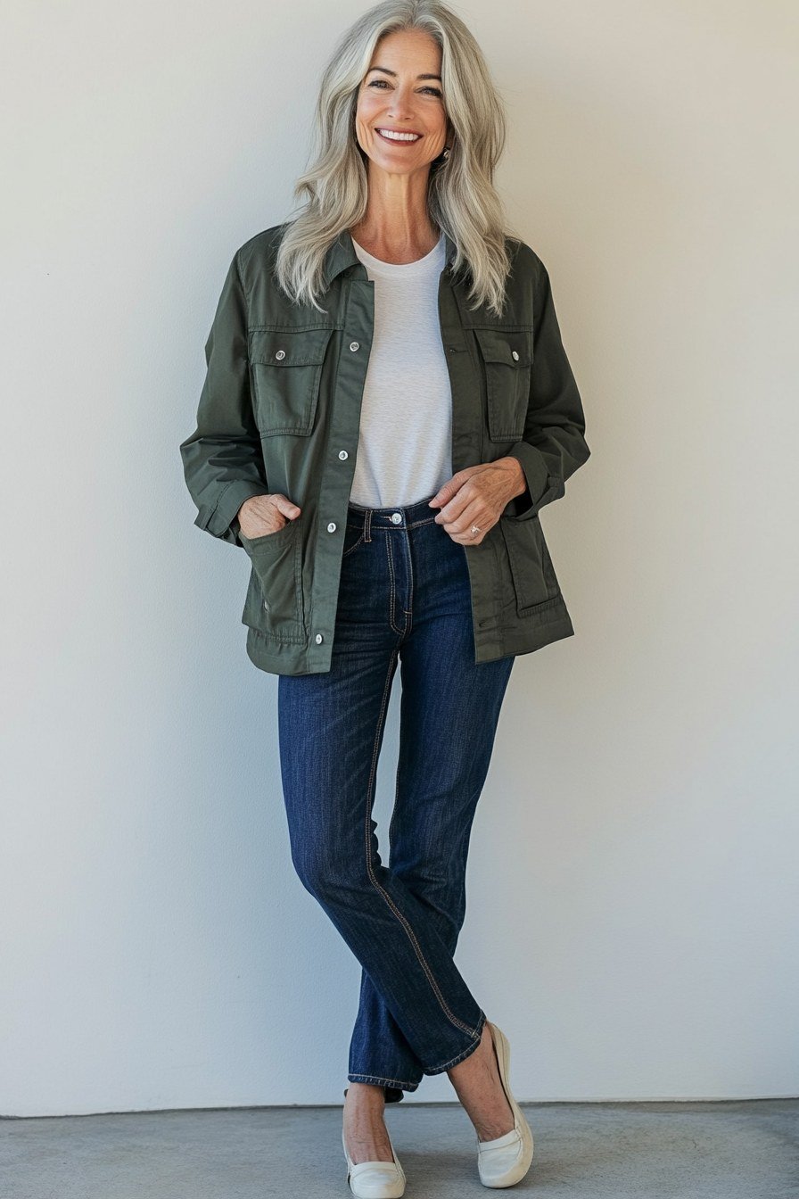 Olive utility jacket, white tee, medium jeans, casual outfit for women over 50
