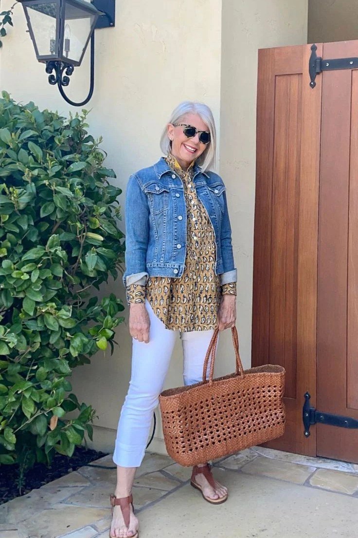 Denim jacket, white capris, woven tote, casual outfit for women over 50