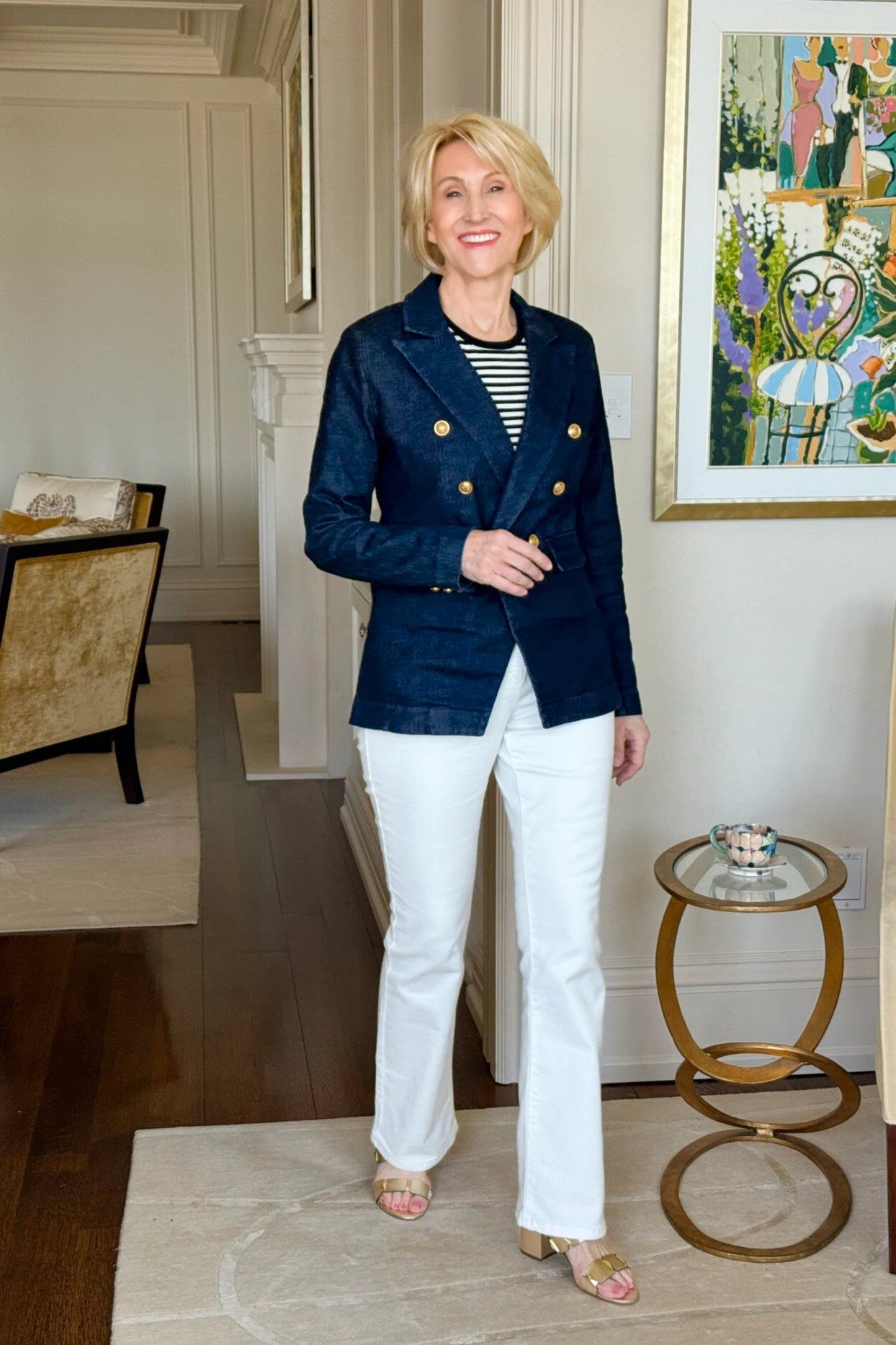 Navy blazer, striped top, white pants, casual outfit for women over 50