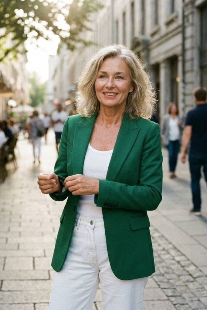 Green blazer, white top, white jeans, cobblestone street, casual outfit for women over 50