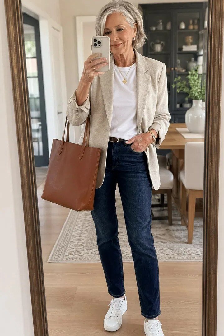 Beige blazer, dark jeans, white sneakers, mirror selfie, casual outfit for women over 50