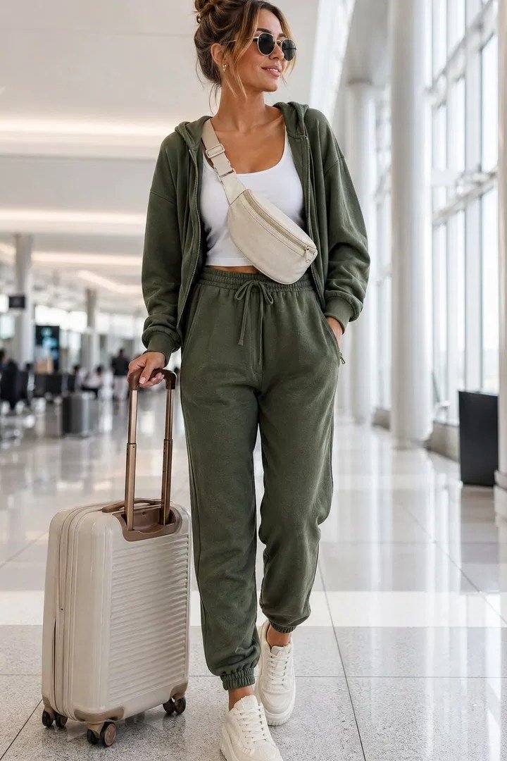 Sage green jogger set, white top, white sneakers, airport, casual outfit for women over 50