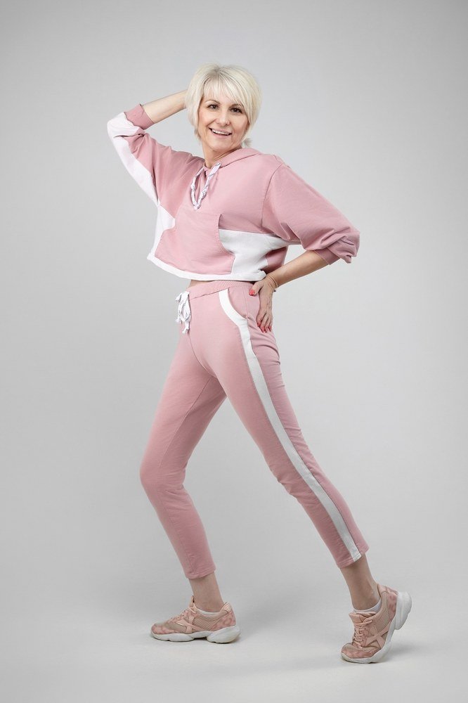 Pink sweatsuit, pink sneakers, casual outfit for women over 50