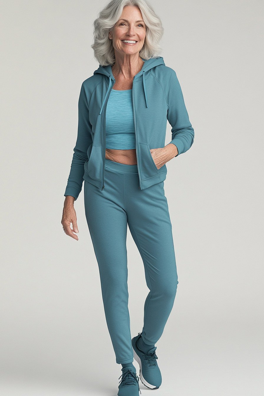 Teal hoodie and jogger set, sneakers, casual outfit for women over 50