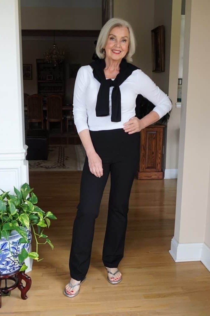 White tee, black pants, black scarf, casual outfit for women over 50