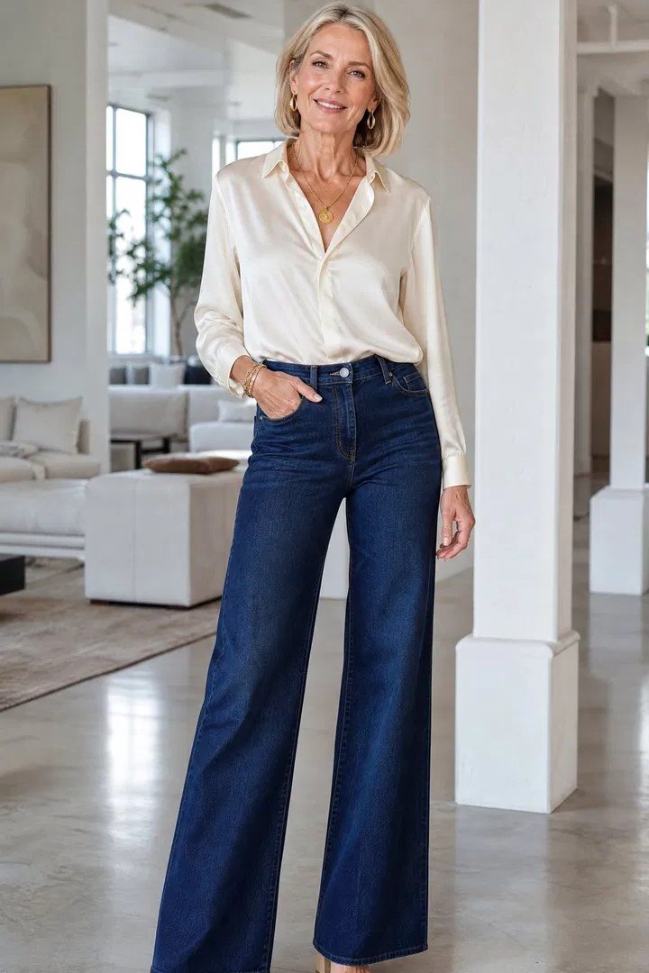 Cream button shirt, wide-leg navy jeans, casual outfit for women over 50