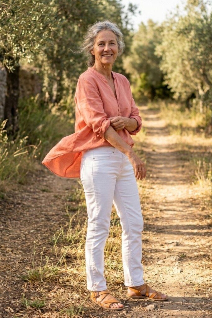 Coral top, white jeans, countryside path, casual outfit for women over 50