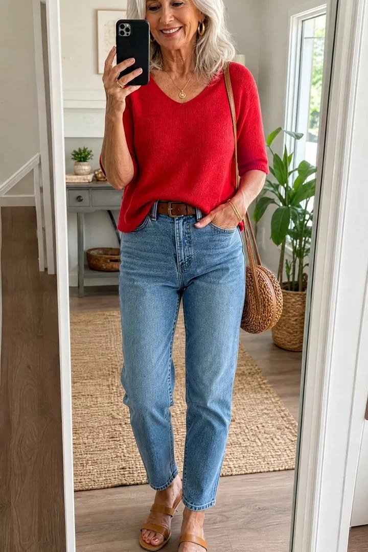 Red top, light jeans, mirror selfie, casual outfit for women over 50