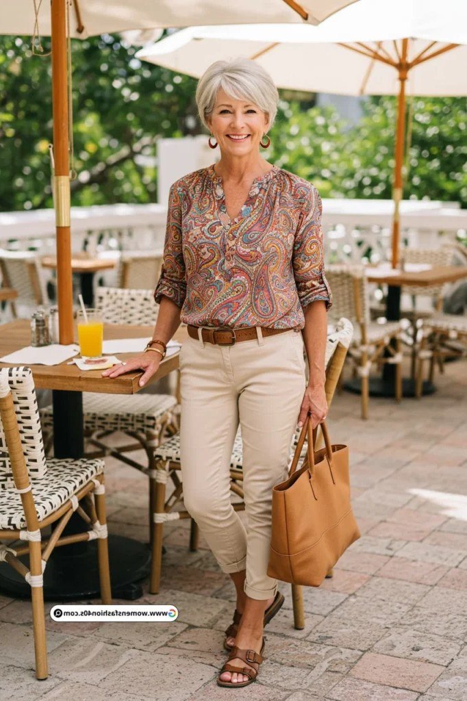 Patterned blouse, beige capris, tan tote, cafe patio, casual outfit for women over 50