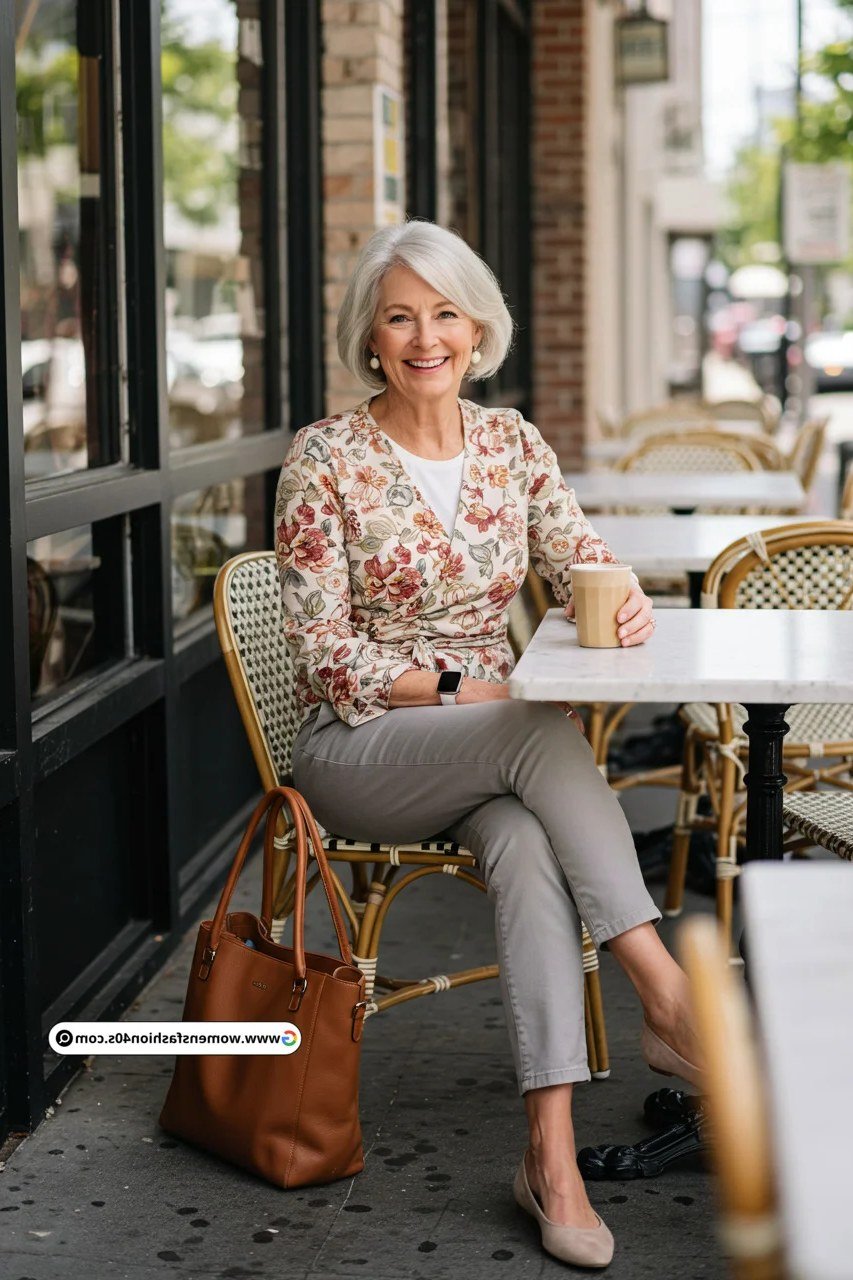 Floral blouse, taupe trousers, cafe, casual outfit for women over 50