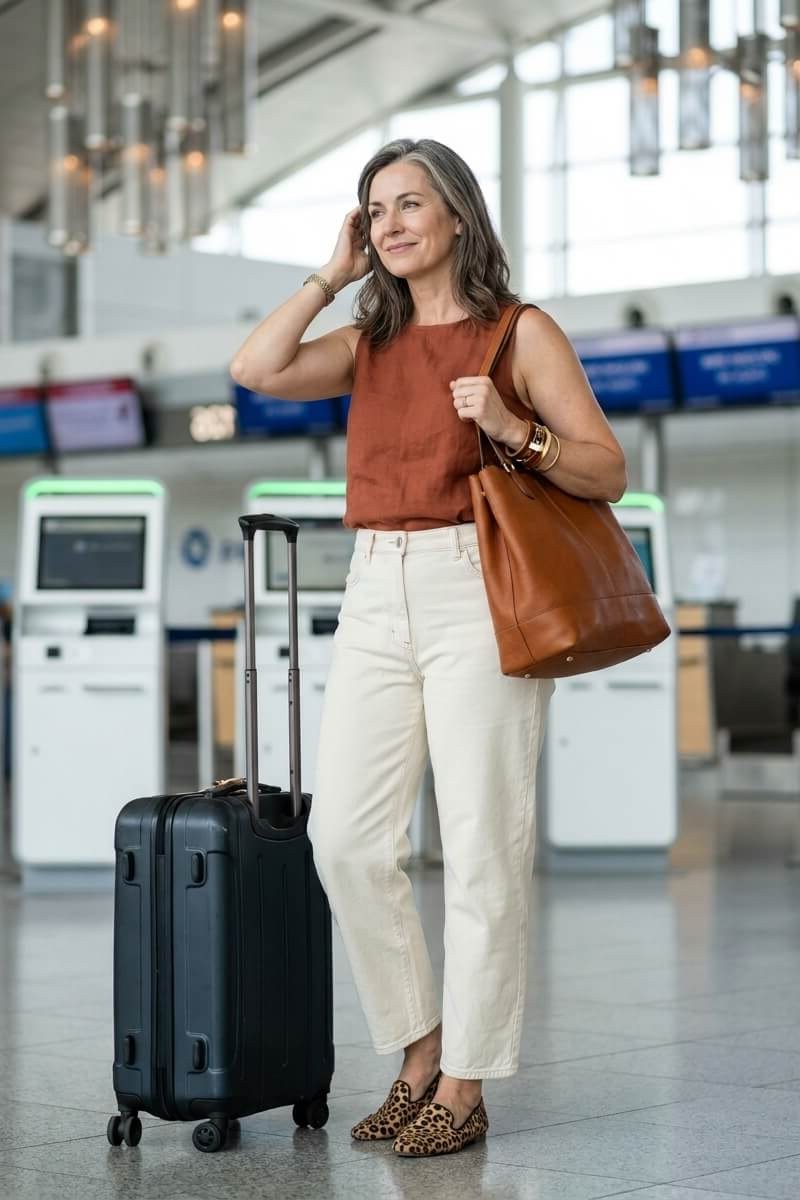 Rust tank, cream wide-leg pants, brown tote, airport, casual outfit for women over 50