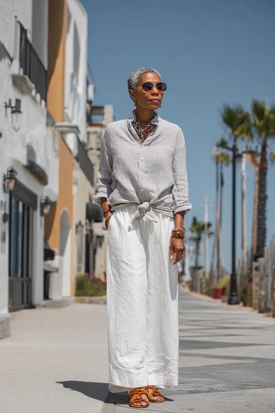 Gray button shirt, white wide-leg pants, seaside street, casual outfit for women over 50