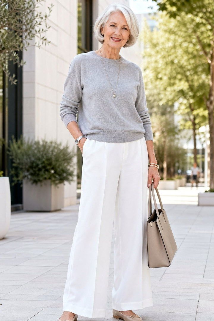 Gray sweater, white wide-leg trousers, taupe tote, flats, city street, casual outfit for women over 50
