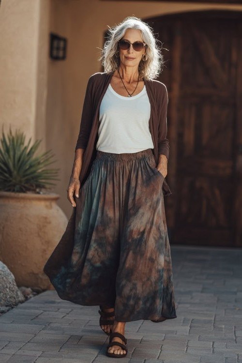Brown cardigan, white top, tie-dye maxi skirt, patio, casual outfit for women over 50