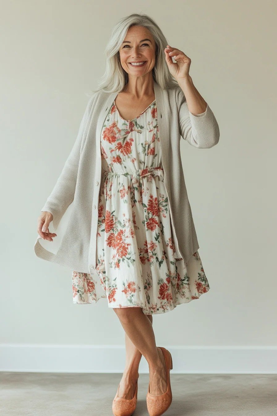 Floral midi dress, beige cardigan, casual outfit for women over 50