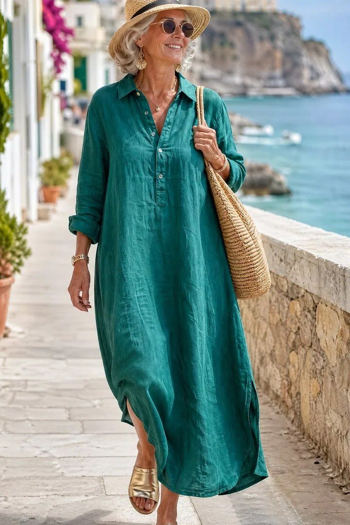 Teal linen maxi dress, woven tote, coastal street, casual outfit for women over 50