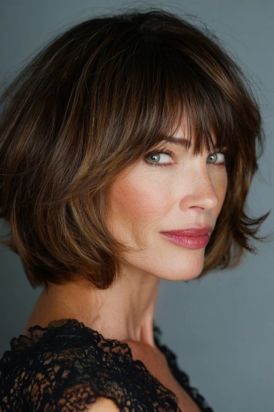 brunette layered bob with curtain bangs, three-quarter view - layered bob curtain bangs over 50, idea 1