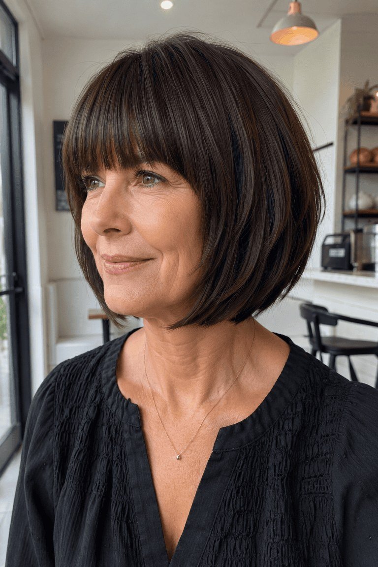 brunette short bob with straight bangs, mature front view - layered bob curtain bangs over 50, idea 2