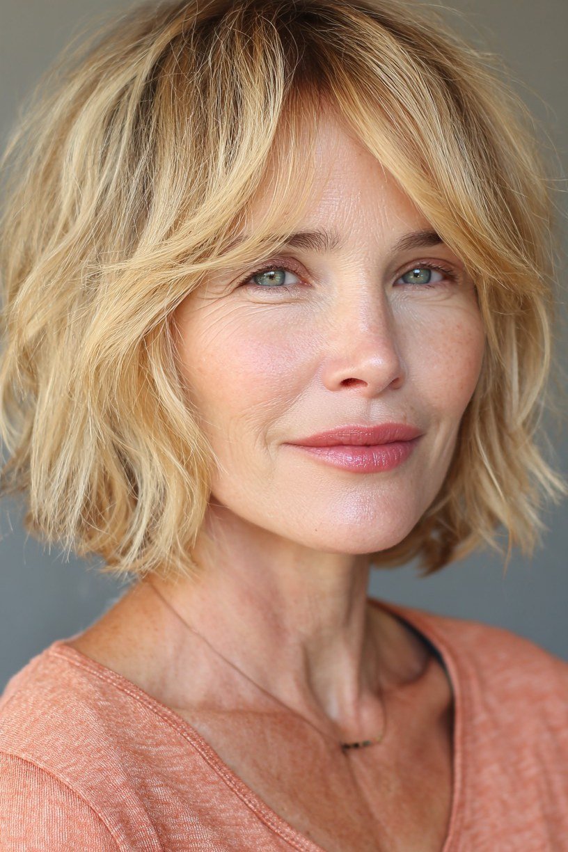 blonde layered bob with curtain bangs, three-quarter view - layered bob curtain bangs over 50, idea 4