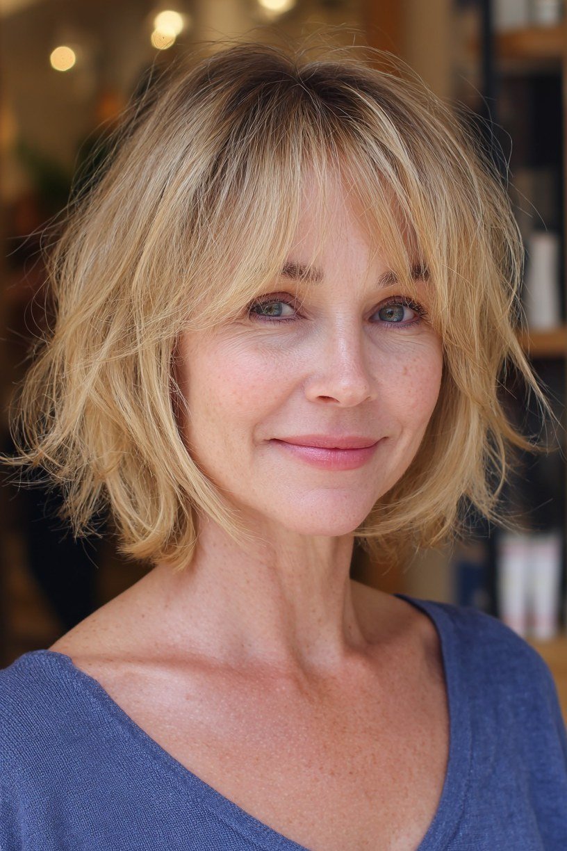 blonde layered bob with bangs, three-quarter view - layered bob curtain bangs over 50, idea 5