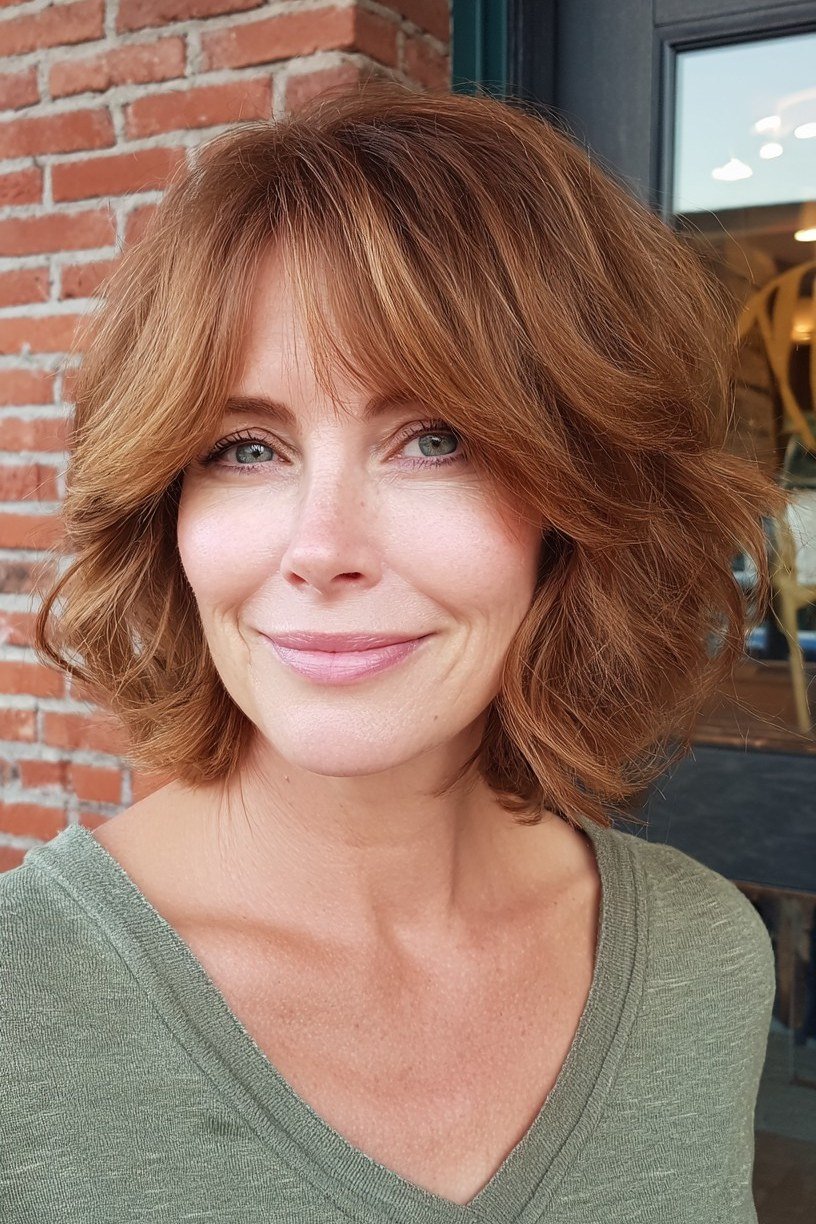 auburn layered bob with bangs, front view - layered bob curtain bangs over 50, idea 6