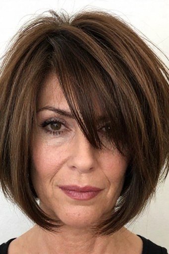 brunette layered bob with side-swept bangs, front view - layered bob curtain bangs over 50, idea 8