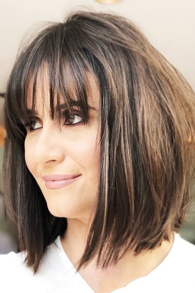 brunette layered lob with curtain bangs, three-quarter view - layered bob curtain bangs over 50, idea 9