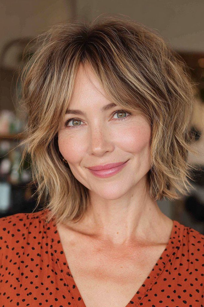 bronde layered bob with curtain bangs and dark roots, front view - layered bob curtain bangs over 50, idea 11