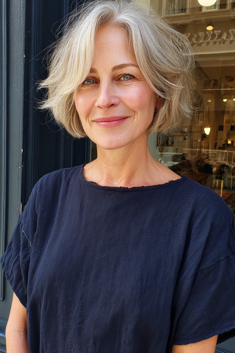 silver layered bob with bangs, front view - layered bob curtain bangs over 50, idea 12