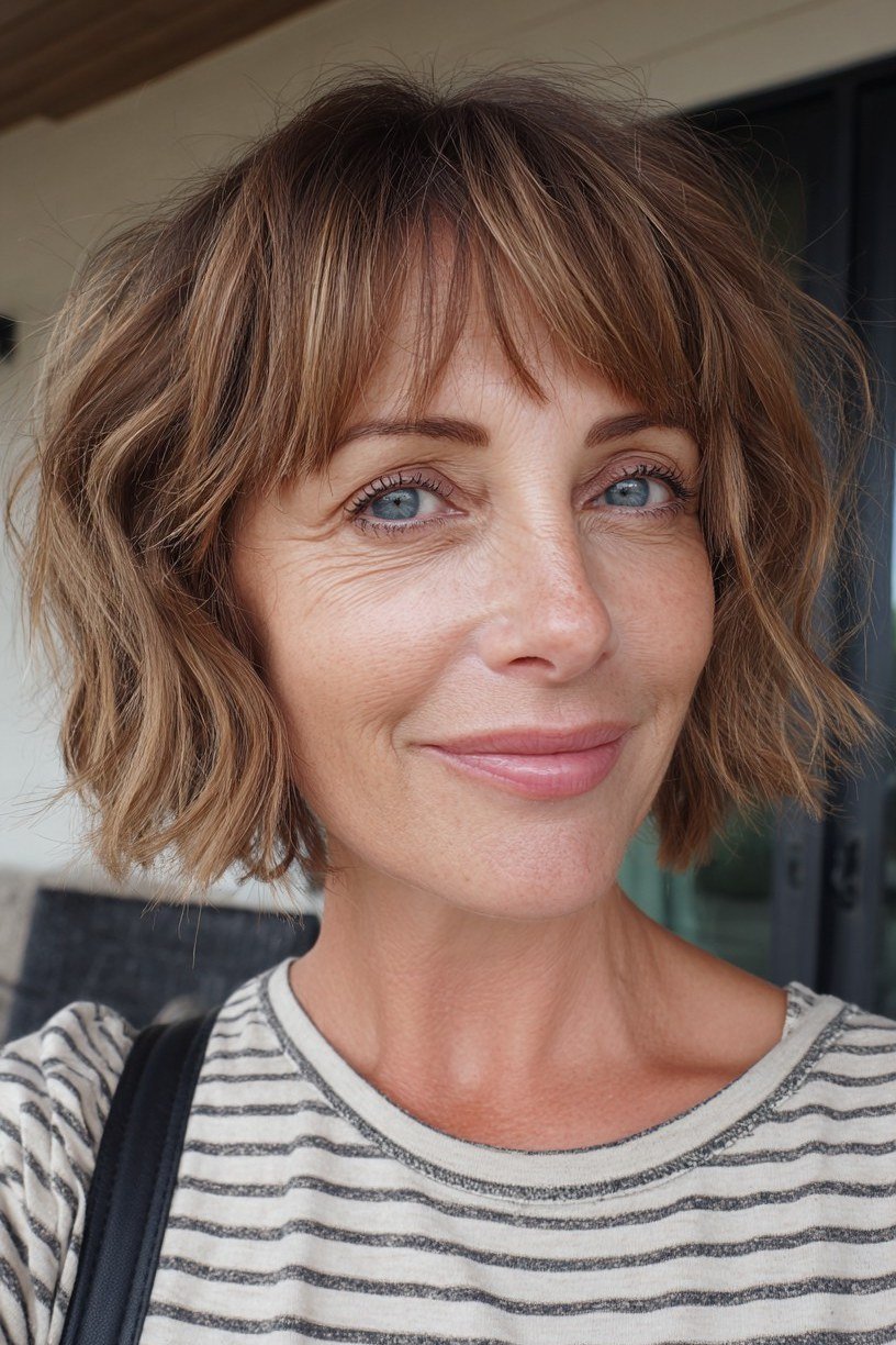 brunette layered bob with curtain bangs, front view - layered bob curtain bangs over 50, idea 14