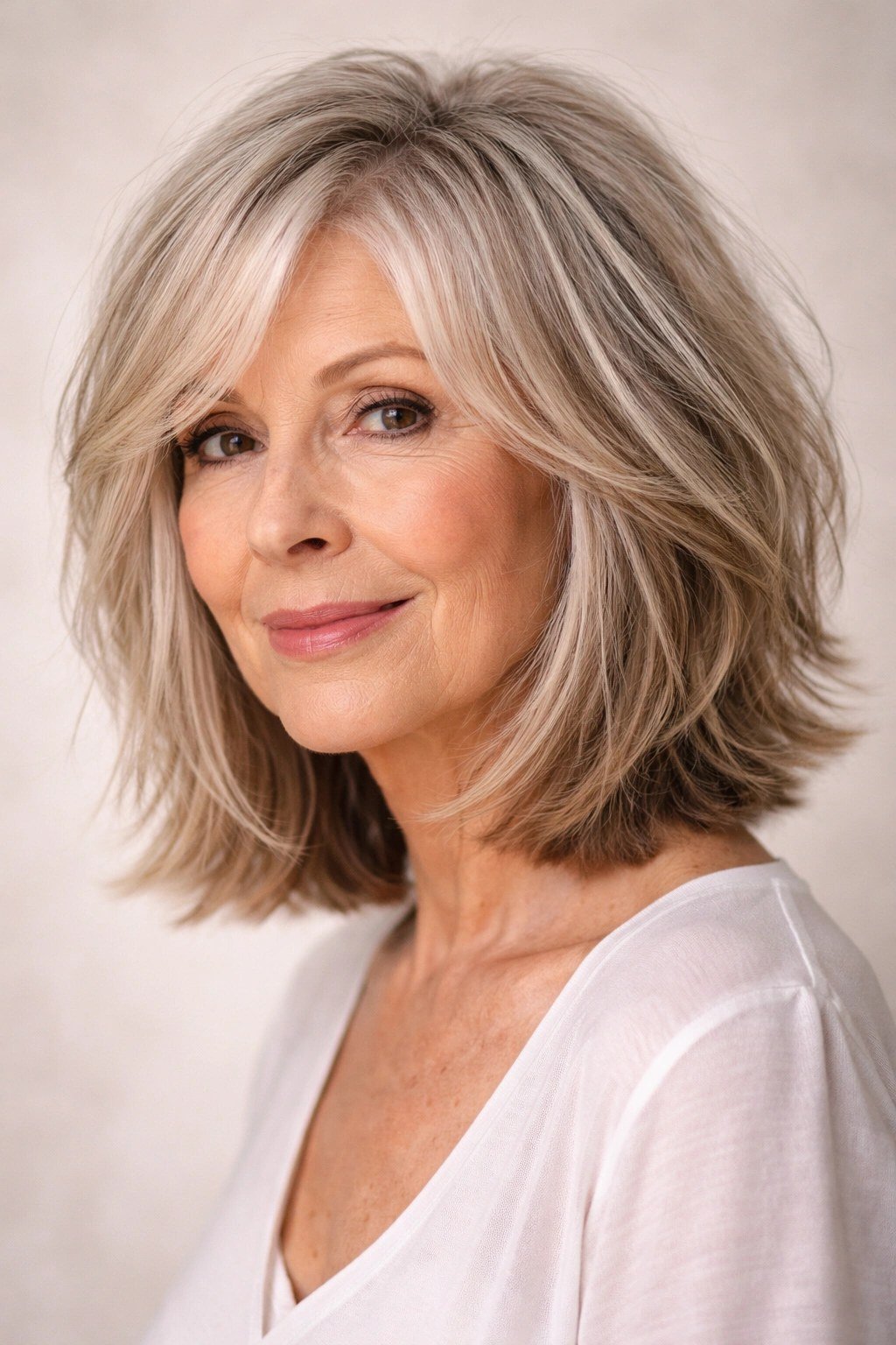 silvery blonde sleek lob with face-framing layers, three-quarter view - layered bob curtain bangs over 50, idea 17