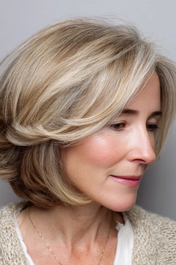 blonde layered bob with side bangs, profile view - layered bob curtain bangs over 50, idea 18