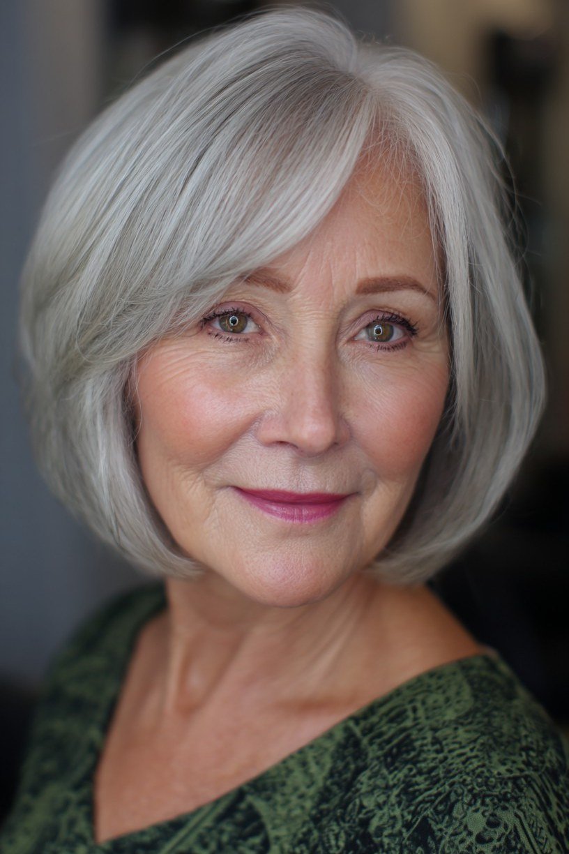silver layered bob with bangs, front view - layered bob curtain bangs over 50, idea 20
