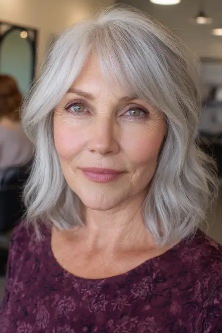 silver layered lob with bangs, front view - layered bob curtain bangs over 50, idea 22