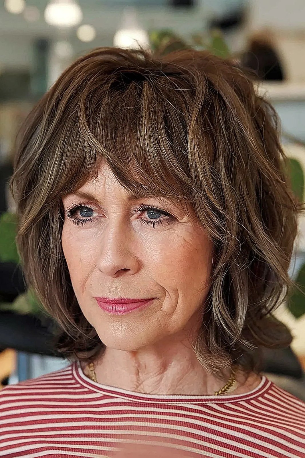 brunette shaggy layered bob with bangs, front view - layered bob curtain bangs over 50, idea 23