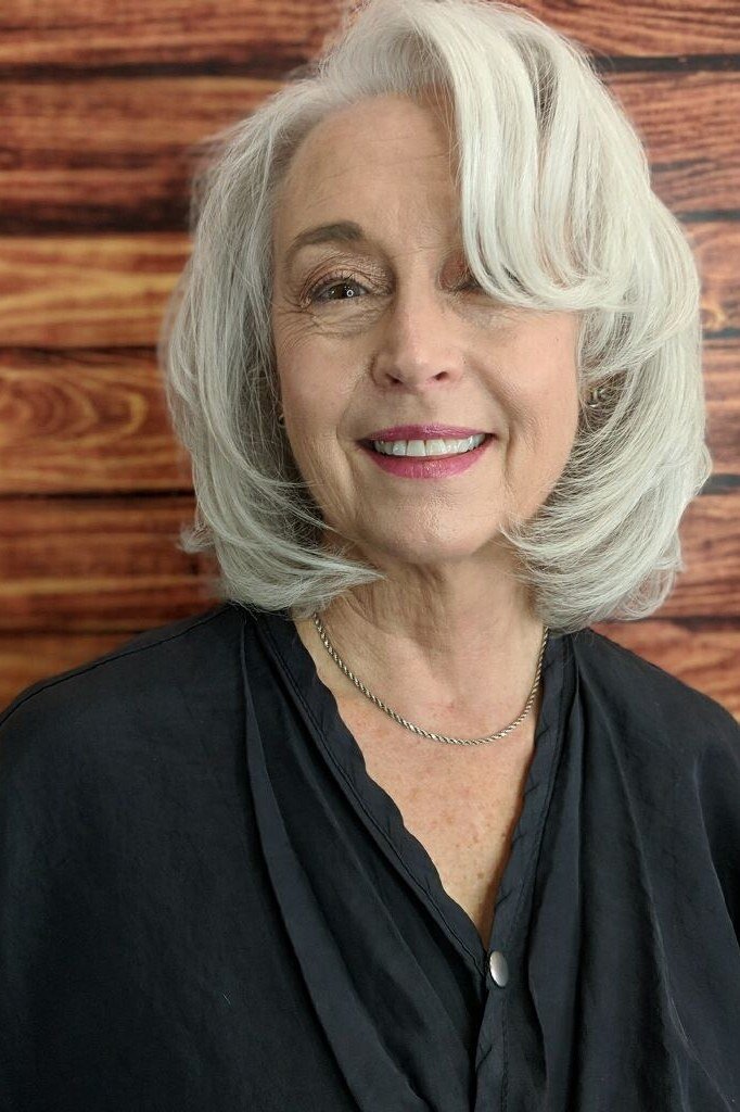 white layered bob with side sweep, front view - layered bob curtain bangs over 50, idea 24