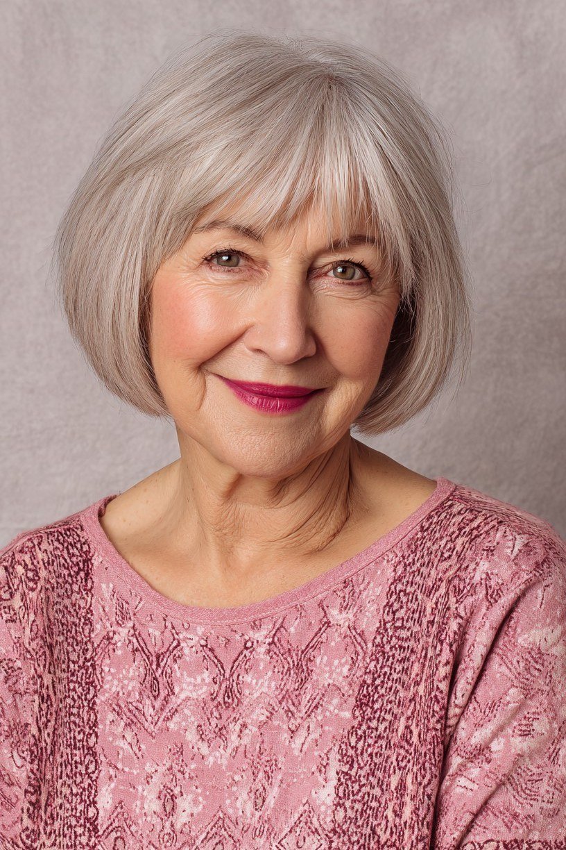 silver rounded bob with bangs, front view - layered bob curtain bangs over 50, idea 25