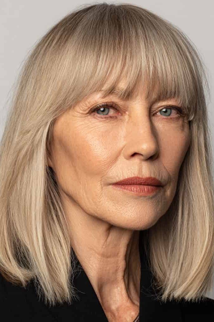 blonde straight layered lob with bangs, front view - layered bob curtain bangs over 50, idea 26