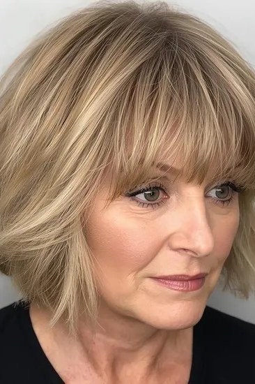 blonde layered bob with curtain bangs, three-quarter view - layered bob curtain bangs over 50, idea 30