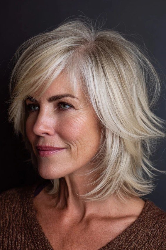 silver layered bob with bangs, three-quarter view - layered bob curtain bangs over 50, idea 32