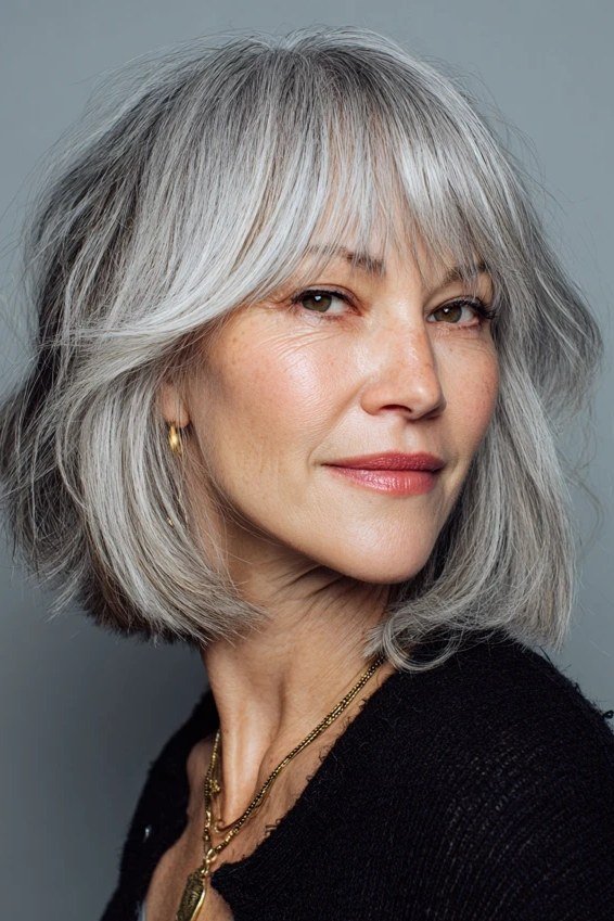 silver layered bob with curtain bangs, front view - layered bob curtain bangs over 50, idea 33
