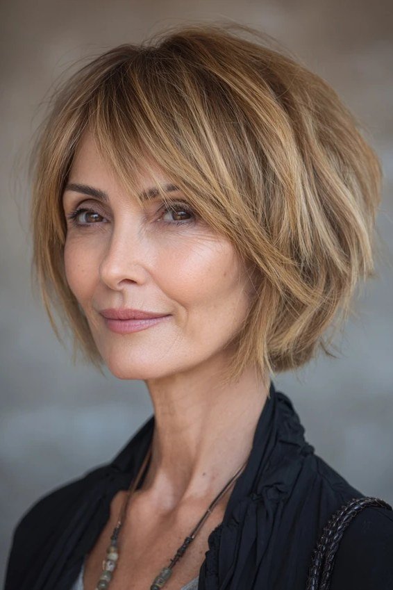 caramel layered bob with bangs, front view - layered bob curtain bangs over 50, idea 34