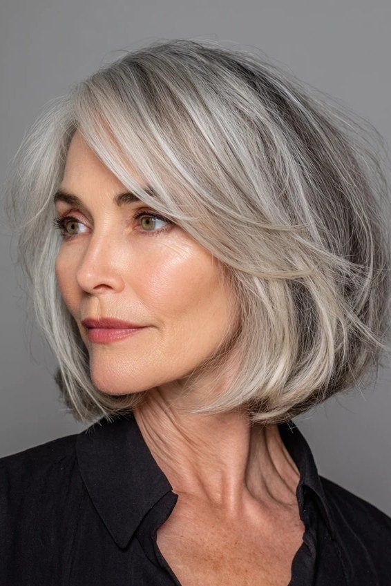 silver layered bob with side sweep, profile view - layered bob curtain bangs over 50, idea 36