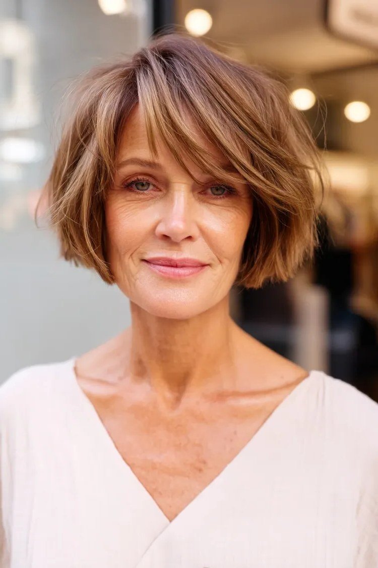 light chestnut layered bob with bangs, front view - layered bob curtain bangs over 50, idea 37