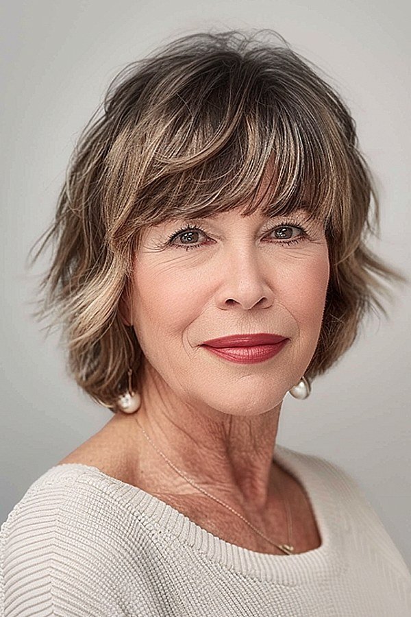 ash-brown layered bob with silver balayage, front view - layered bob curtain bangs over 50, idea 38