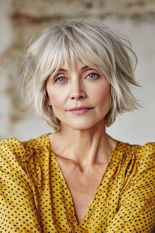 silver layered bob with bangs, front view - layered bob curtain bangs over 50, idea 39