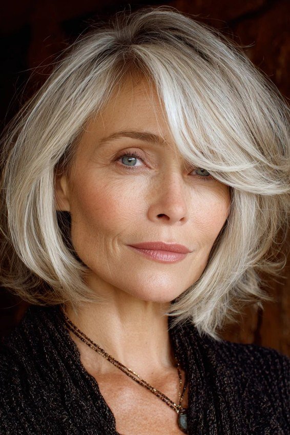 silver layered bob with side sweep, front view - layered bob curtain bangs over 50, idea 40