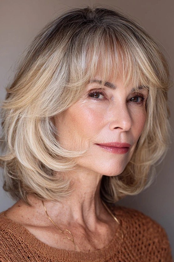 blonde layered lob with curtain bangs, three-quarter view - layered bob curtain bangs over 50, idea 42
