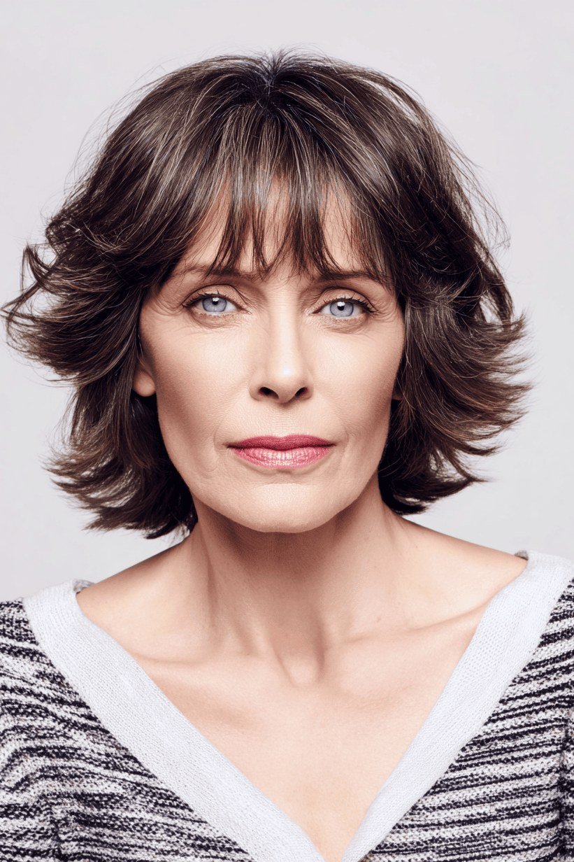 dark voluminous layered bob with bangs, front view - layered bob curtain bangs over 50, idea 43